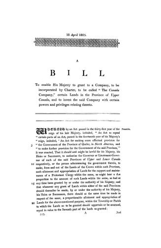 A bill to enable His Majesty to grant to a Company, to be incorporated by Charter, to be called ''The Canada Company, '' certain lands in the Province(...)