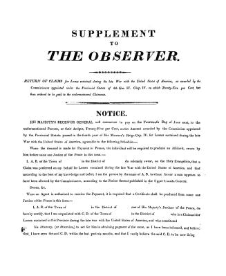 Supplement to the Observer. : Return of claims for losses sustained during the late war with the United States of America, as awarded by the Commissio(...)