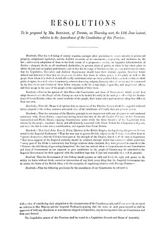 Resolutions to be proposed by Mr. Boulton, of Toronto, on Thursday next, the 13th June instant, relative to the amendment of the constitution of the p(...)