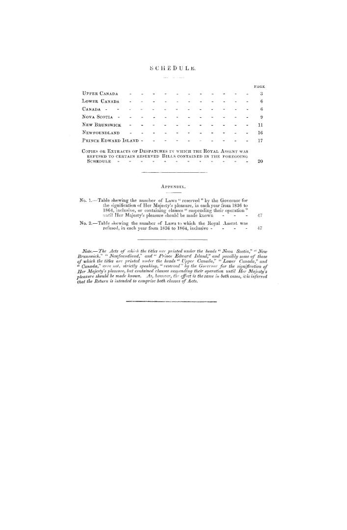 Colonial bills. North America. Return of the titles and dates of bills passed by the Legislatures of Canada, Nova Scotia, New Brunswick, Newfoundland,(...)
