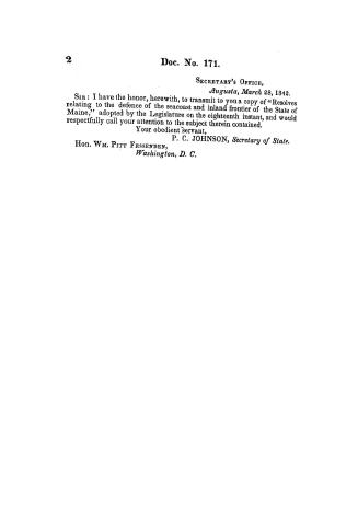 Defence of Maine, resolutions of the Legislature of Maine relative to the defence of the seacoast and inland frontier of that state, March 29, 1842