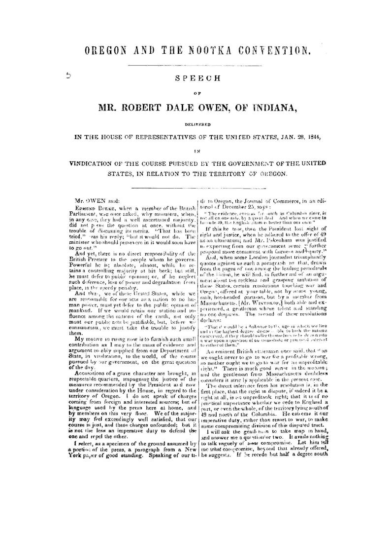 Speech of Mr. Robert Dale Owen, of Indiana, delivered in the House of Representatives of the United States, Jan. 28, 1844, in vindication of the cours(...)