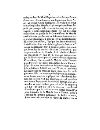 Arrest du Conseil d'état du roy, qui fixe les époques des dettes contractées en Canada, dont la liquidation doit étre faite à la commission établie à Paris, du 13 mars 1762