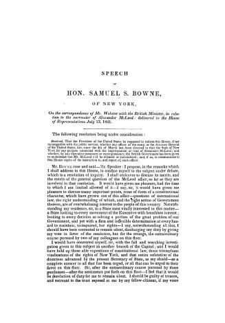 Speech of Hon. Samuel S. Bowne, of New York, on the correspondence of Mr. Webster with the British Minister, in relation to the surrender of Alexander(...)