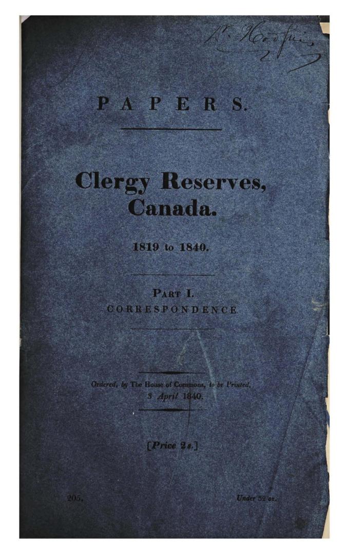 Copies or extracts of correspondence respecting the clergy reserves in Canada : 1819 to 1840