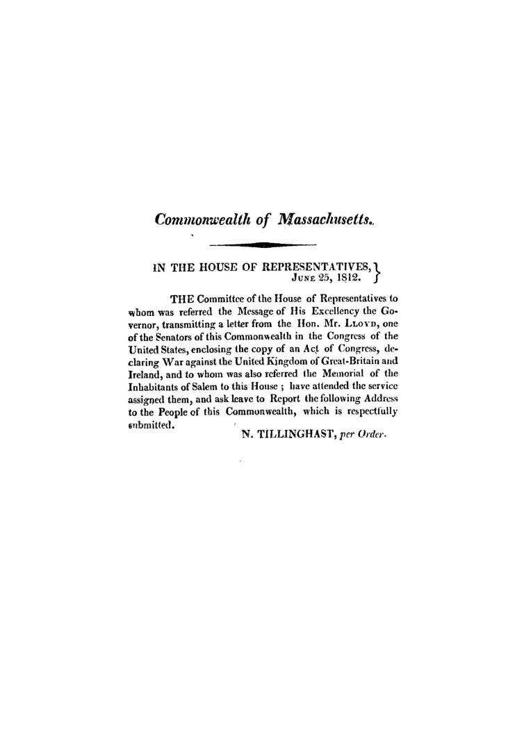 Address of the House of Representatives to the people of Massachusetts