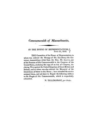 Address of the House of Representatives to the people of Massachusetts