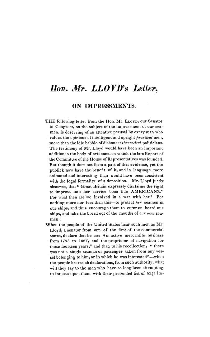 Hon. Mr. Lloyd's letter on impressments