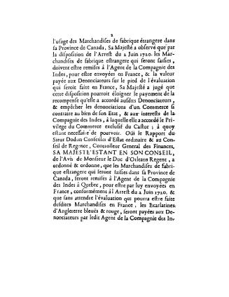 Arrest du Conseil d'estat du roy, concernant les marchandises de fabrique estrangere, qui seront saisies en Canada, du 15 may 1722