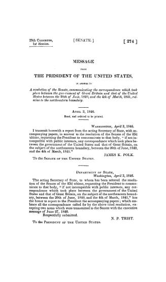 Message from the President of the United States in answer to a resolution of the Senate, communicating the correspondence which took place between the(...)