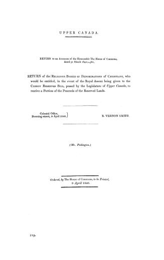 Return of the religious bodies or denominations of Christians, who would be entitled, in the event of the Royal assent being given to the Clergy Reser(...)