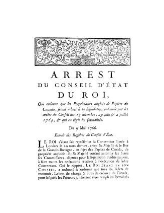 Arrest du Conseil d'état du roi, qui ordonne que les propriétaires anglois de papiers du Canada seront admis à la liquidation ordonnée par les arrêts (...)