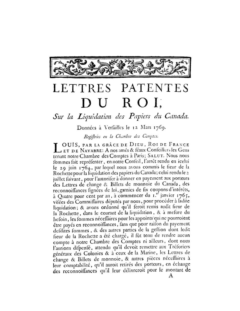 Lettres patentes du roi, : sur la liquidation des papiers du Canada, données à Versailles le 12 mars 1769