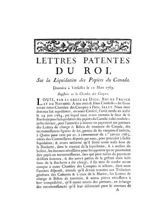 Lettres patentes du roi, : sur la liquidation des papiers du Canada, données à Versailles le 12 mars 1769