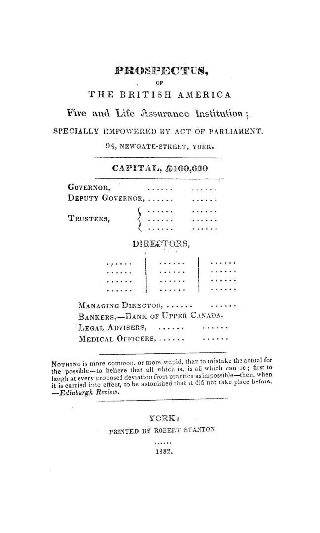 Prospectus of the British America fire and life assurance institution