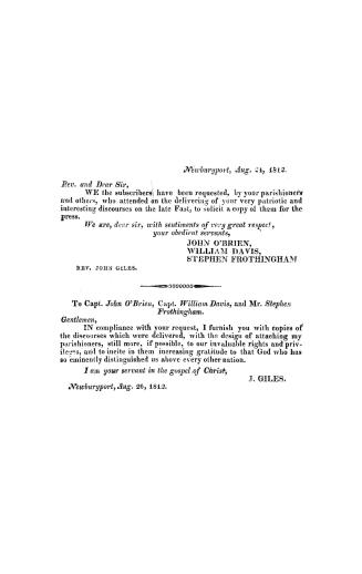 Two discourses delivered to the second Presbyterian society in Newburyport, August 20, 1812, the day recommended by the President of the United States(...)