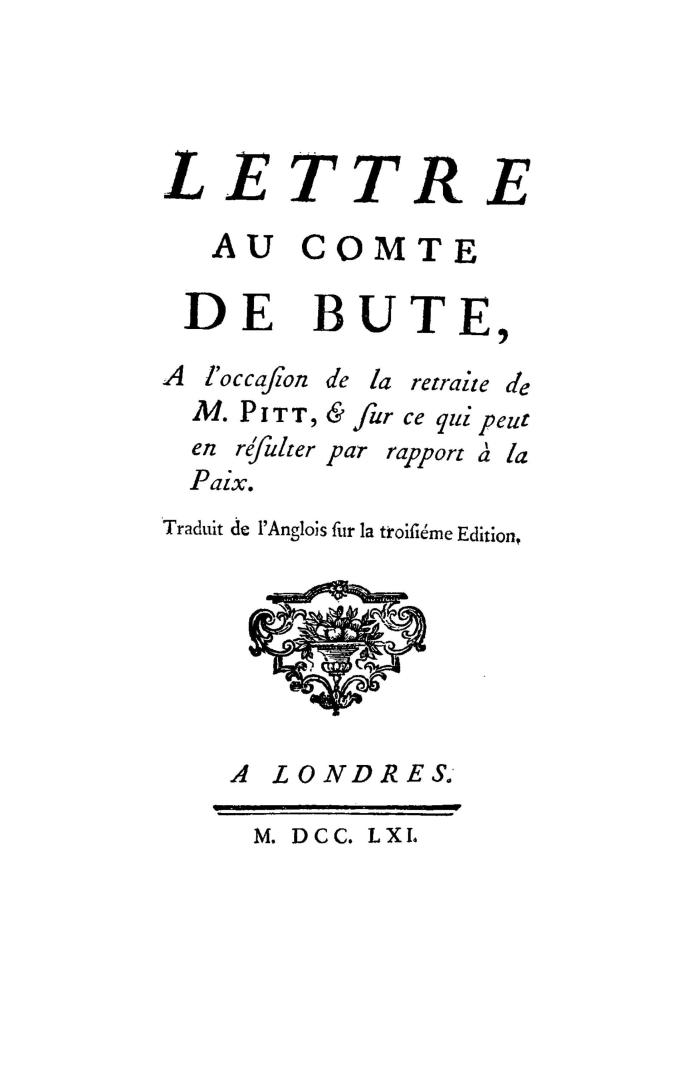 Lettre au comte de Bute à l'occasion de la retraite de M