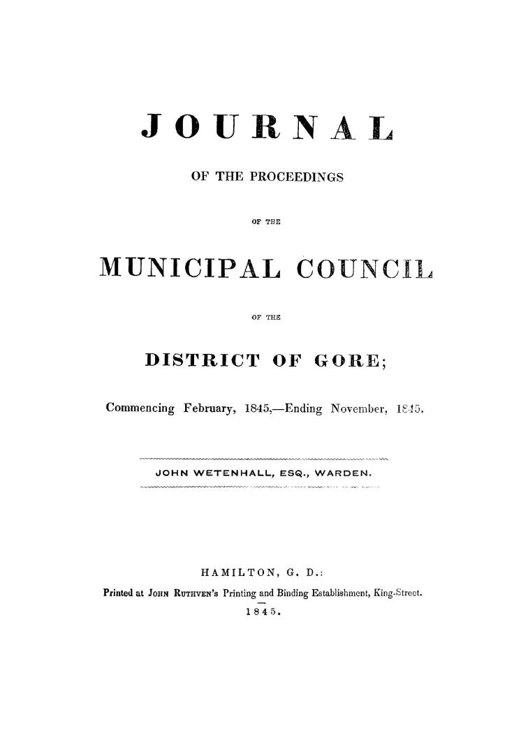 Journal of the proceedings of the Municipal Council of the District of Gore