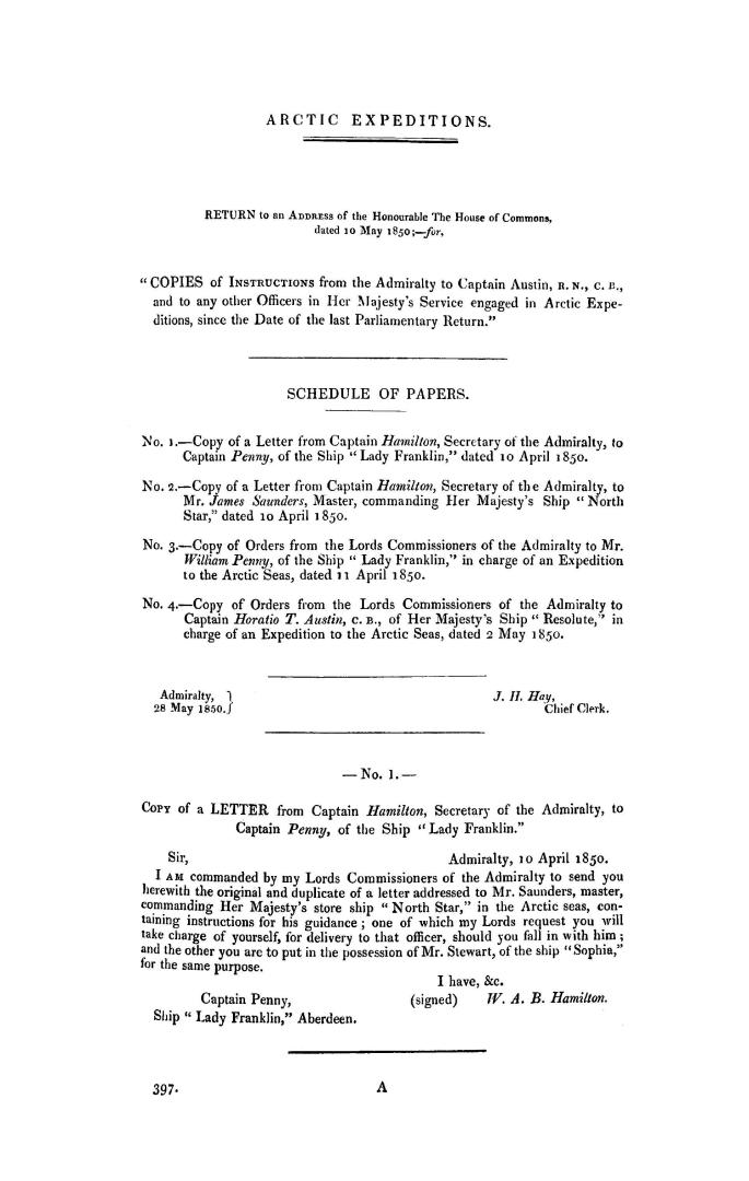 Arctic expeditions. Return to an address of the Honourable the House of Commons, dated 10 May 1850, - for, copies of instructions from the Admiralty t(...)