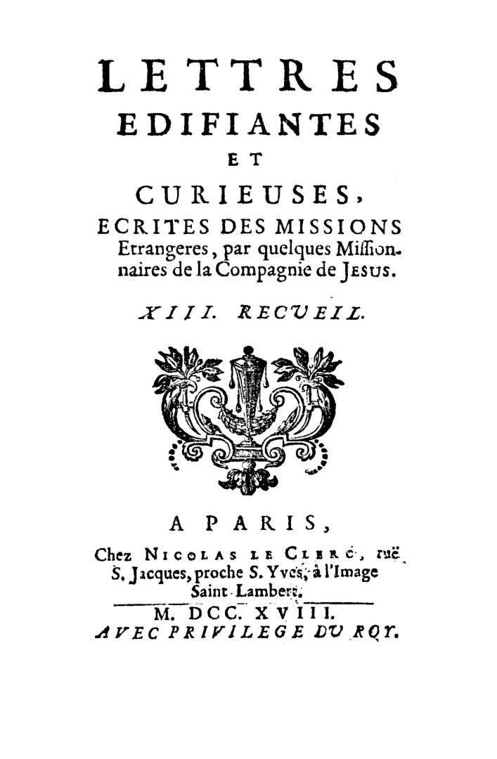 Lettres édifiantes et curieuses écrites des missions étrangères par quelques missionnaires de la Compagnie de Jésus