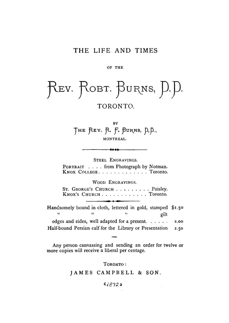 The life and times of the Rev. Robt. Burns, D.D. Toronto