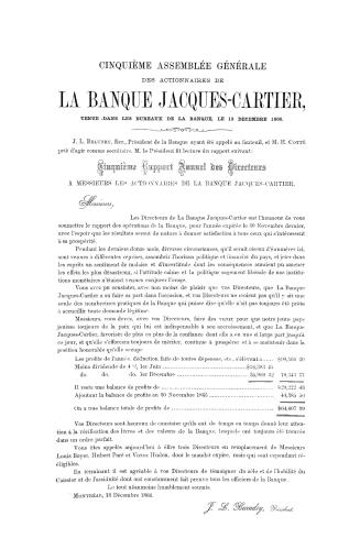 Rapport annuel des Directeurs a messieurs les actionnaires de la Banque Jacques-Cartier