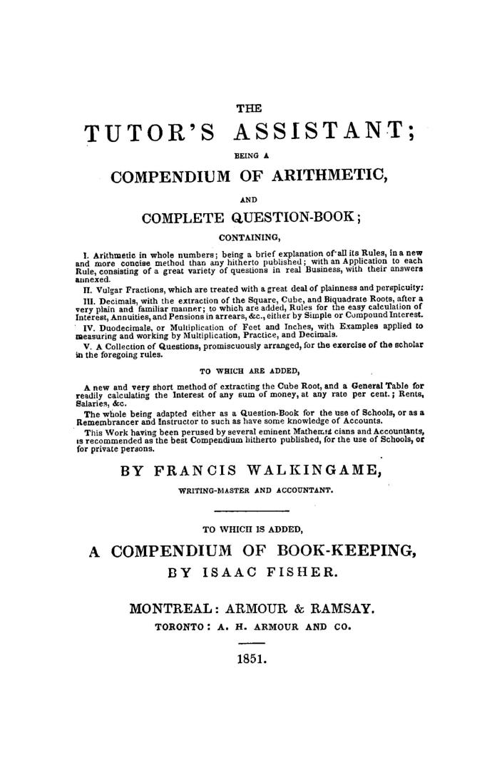 The tutor's assistant, being a compendium of arithmetic, and complete question-book