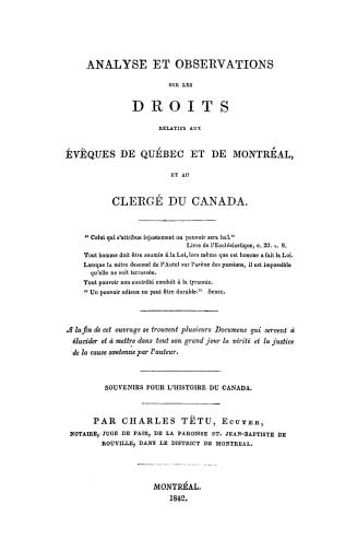 Analyse et observations sur les droits relatifs aux Évêques de Québec et de Montréal, et au clergé du Canada