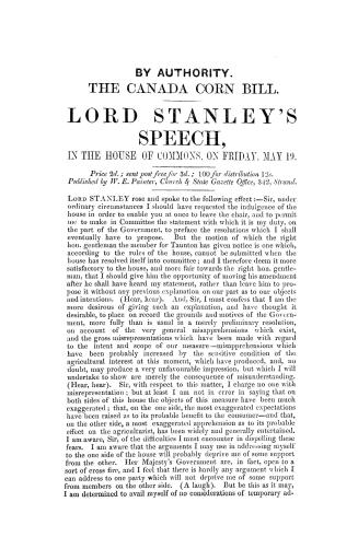 The Canada Corn Bill: Lord Stanley's speech in the House of Commons on Friday, May 19