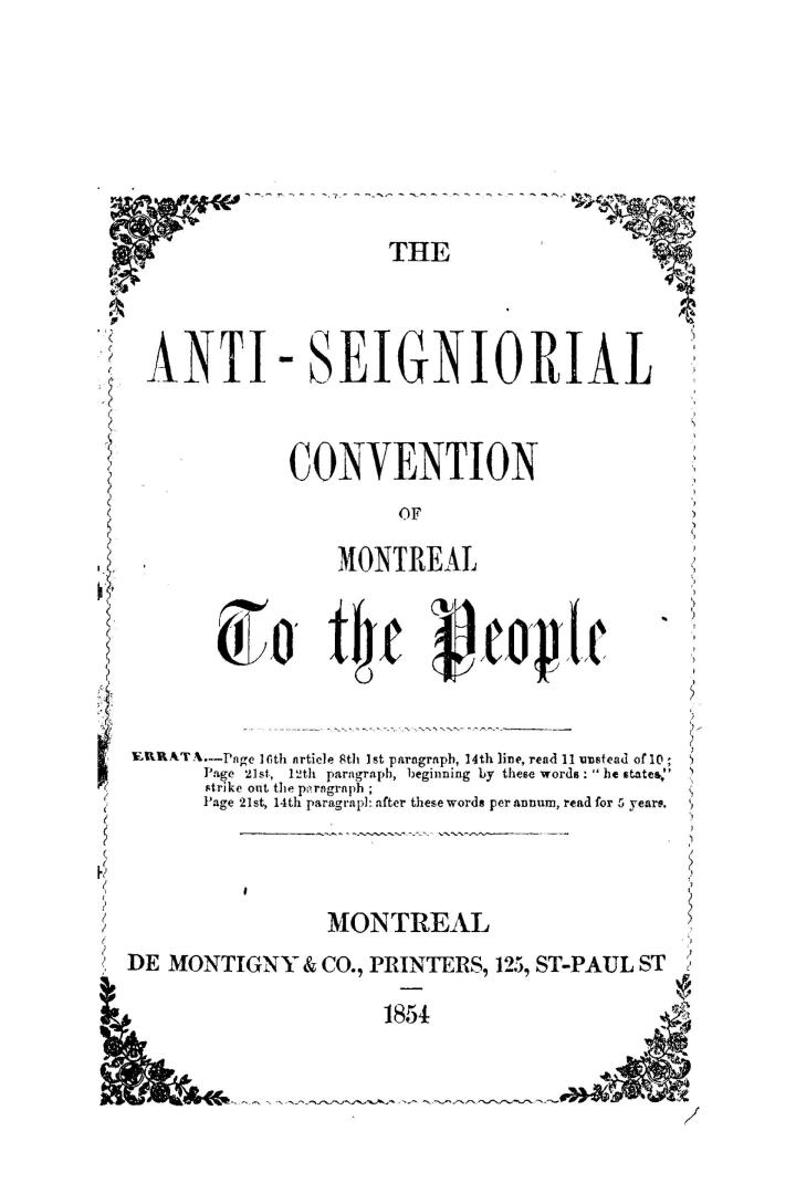 The Anti-Seigniorial Convention of Montreal, to the people