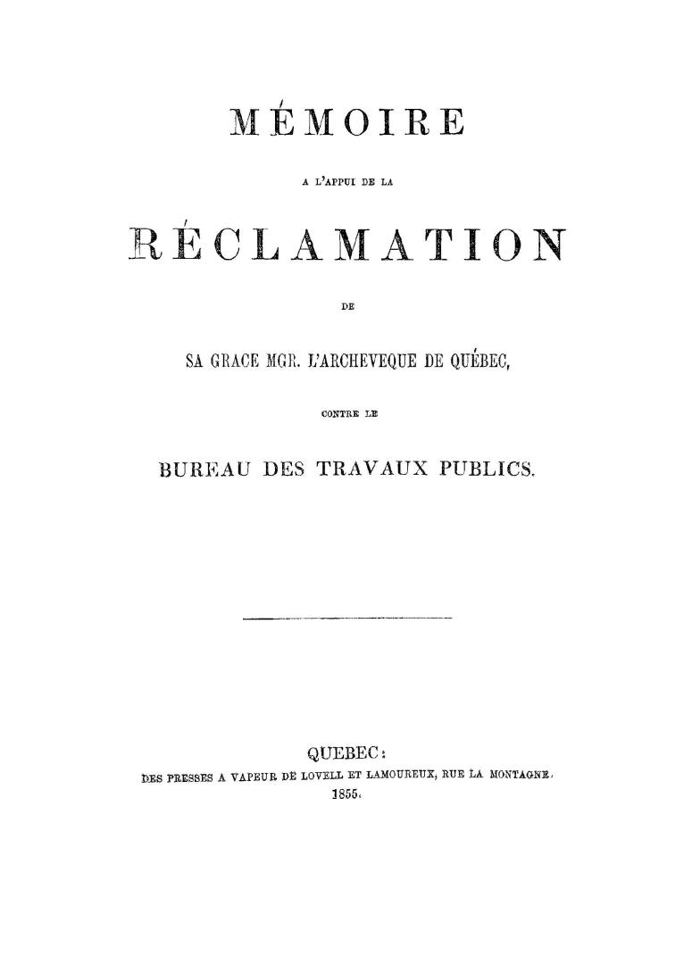 Mémoire à l'appui de la réclamation de Sa Grace Mgr