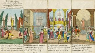 Four images of Cinderella featuring people in Medieval dress. Colours are very vivid: yellows,  ...