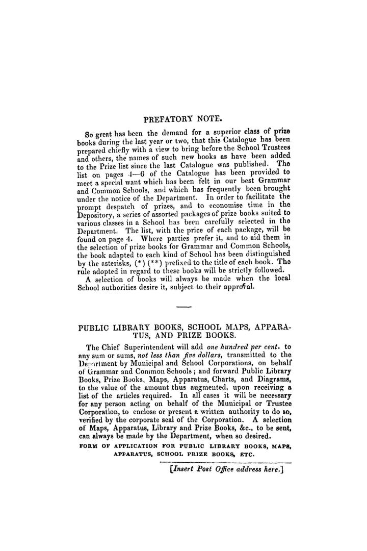Supplementary catalogue of books for prizes in the Public Schools of Upper Canada, : supplied from the Map, Apparatus, and Library Depositories of the Educational Department for Upper Canada