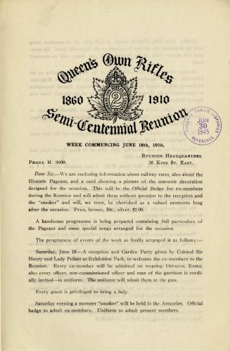 Queen's Own Rifles of Canada 1860-1910, semi-centennial reunion and historic pageant