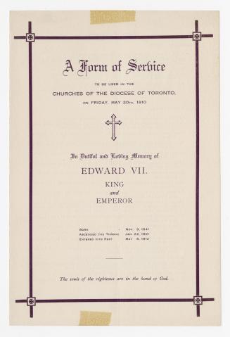A Form of Service to be used in the churches of the Diocese of Toronto, on Friday, May 20th 1910
