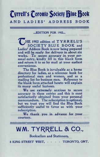Tyrrell's Toronto Society Blue Book and ladies' address book edition for 1902