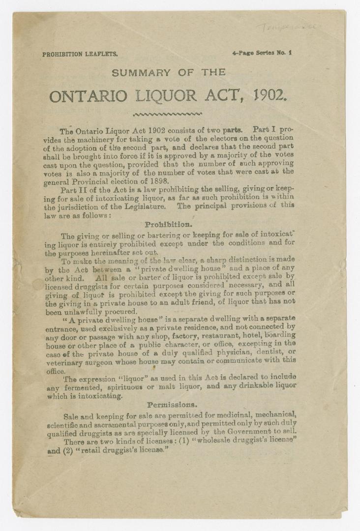 Prohibition leaflets : summary of the Ontario Liquor Act, 1902