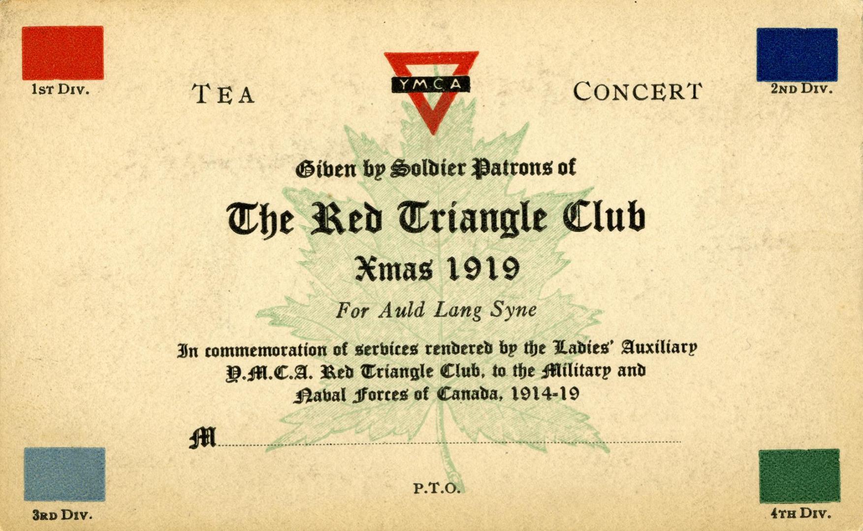 Tea [&] concert given by soldier patrons of the Red Triangle Club Xmas 1919