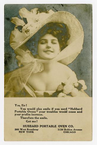 A postcard with a photo of a young woman in a large beribboned hat and an off-the-shoulder gown ...