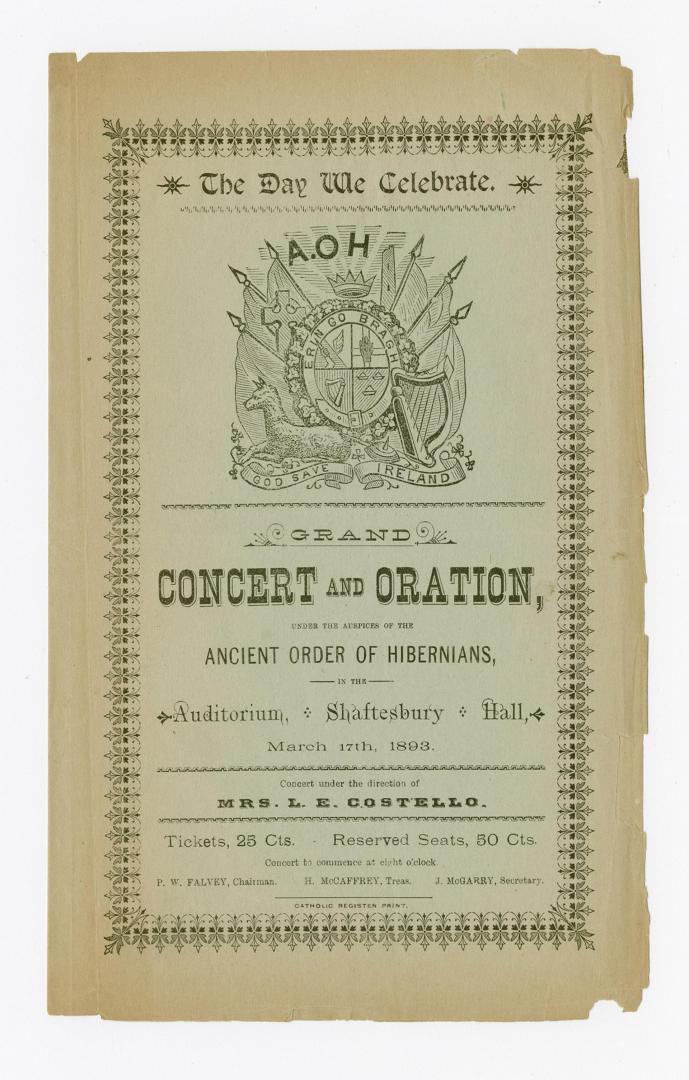 The Day we celebrate : grand concert and oration under the auspices of the Ancient Order of Hibernians