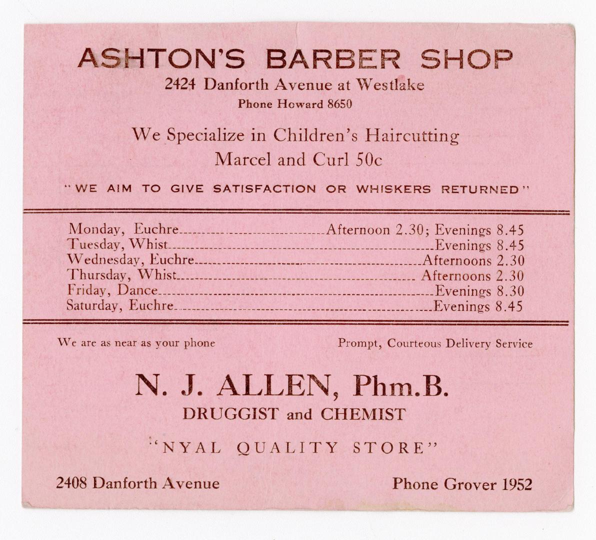 Ashton's Barber Shop N.J. Allen, Phm.B. Druggist and Chemist
