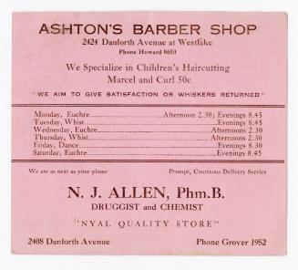 Ashton's Barber Shop N.J. Allen, Phm.B. Druggist and Chemist