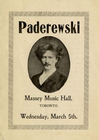 Historic photo from Wednesday, March 5, 1902 - Paderewski playing the piano at Massey Music Hall $1.00 to $2.50 per seat in Garden District