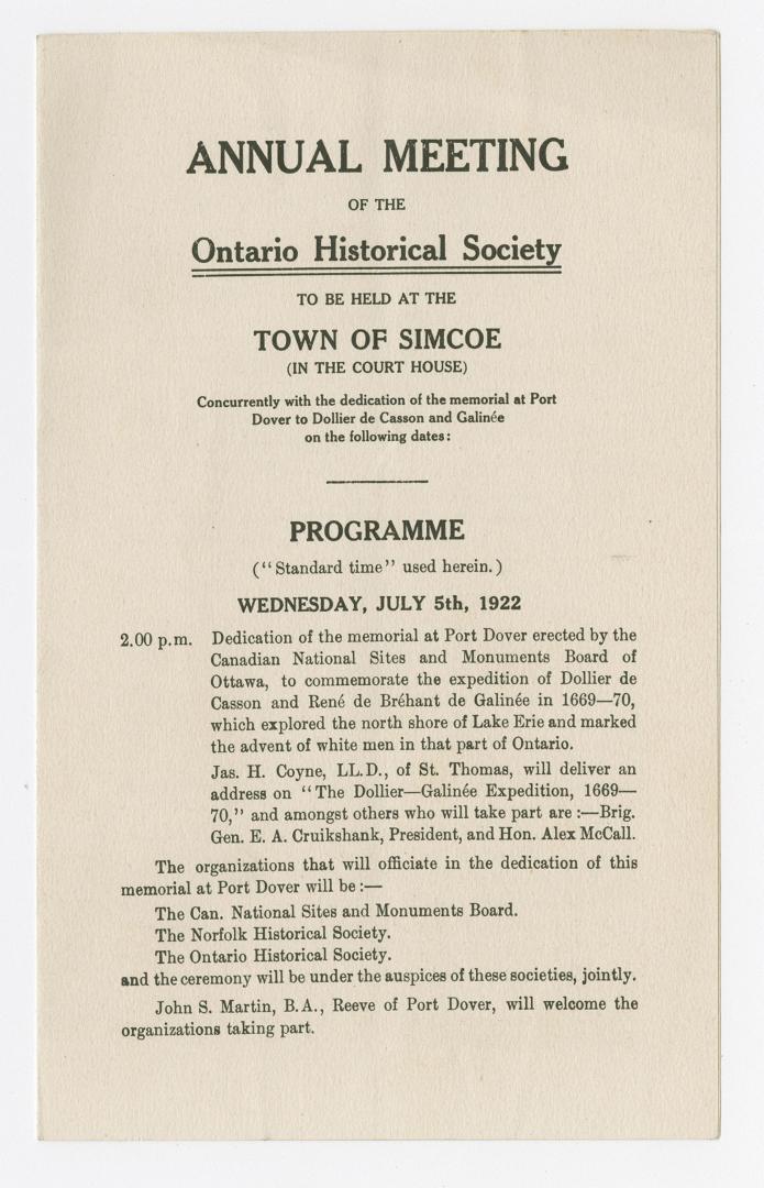 Annual meeting of the Ontario Historical Society to be held at the town of Simcoe (in the Court House)