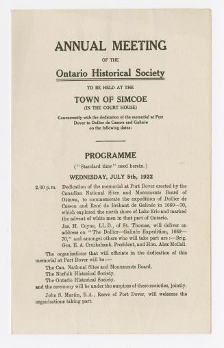 Annual meeting of the Ontario Historical Society to be held at the town of Simcoe (in the Court House)