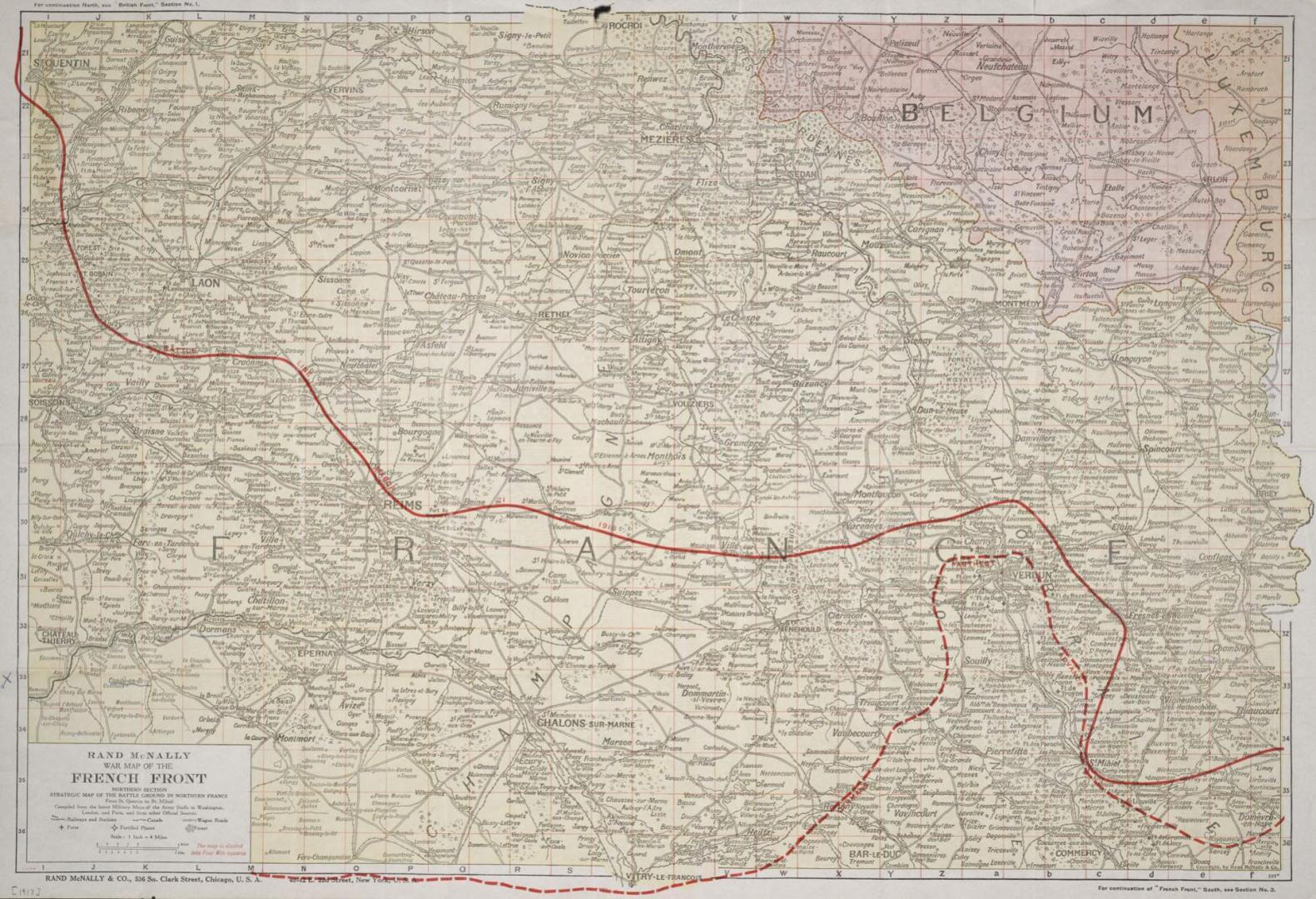 Rand McNally war map of the French front, strategic map of the battle ground in northern France