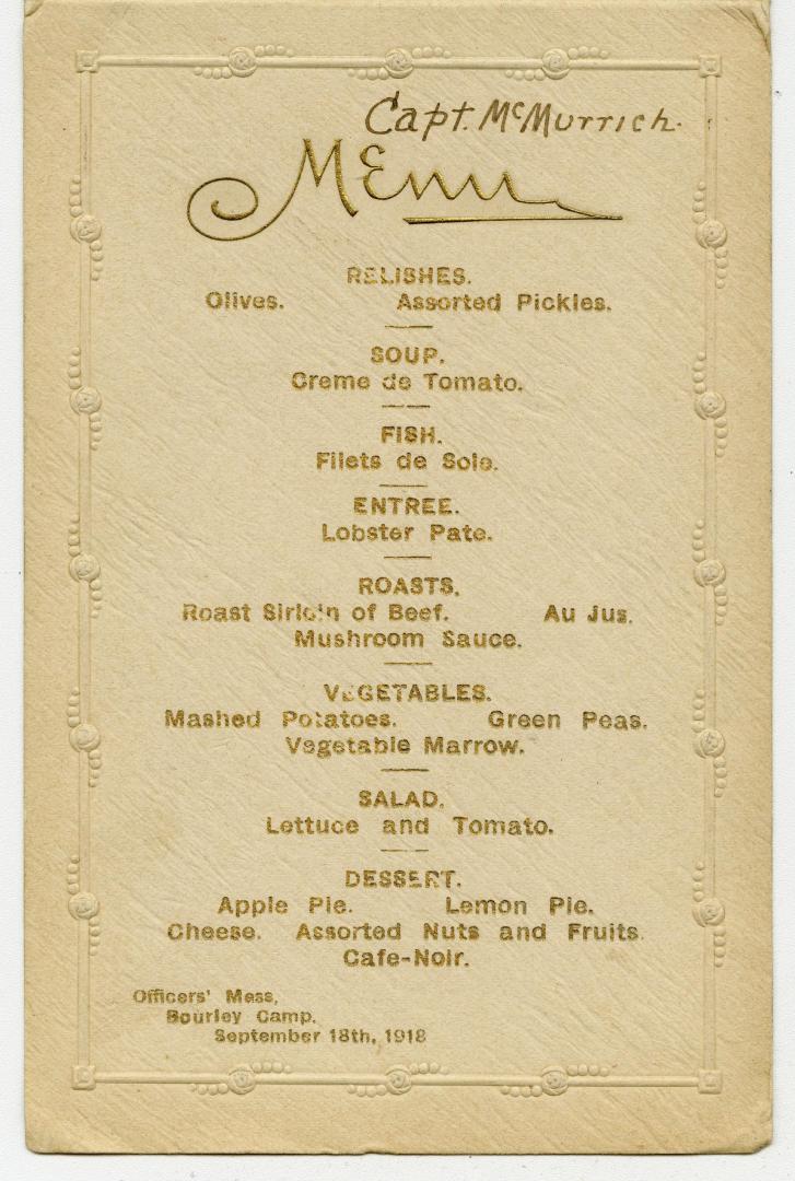 Menu, Officers' Mess, Bourley Camp, September 18th, 1918