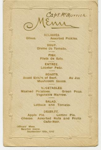 Menu, Officers' Mess, Bourley Camp, September 18th, 1918