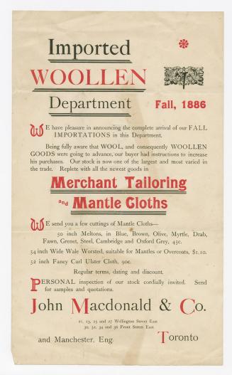 Imported woolen department : fall, 1886 : we have pleasure in announcing the complete arrival of our fall importations in this department