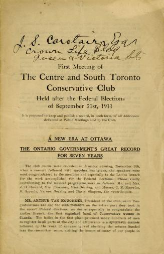 First Meeting of the Centre and South Toronto Conservative Club held after the Federal Elections of September 21st, 1911
